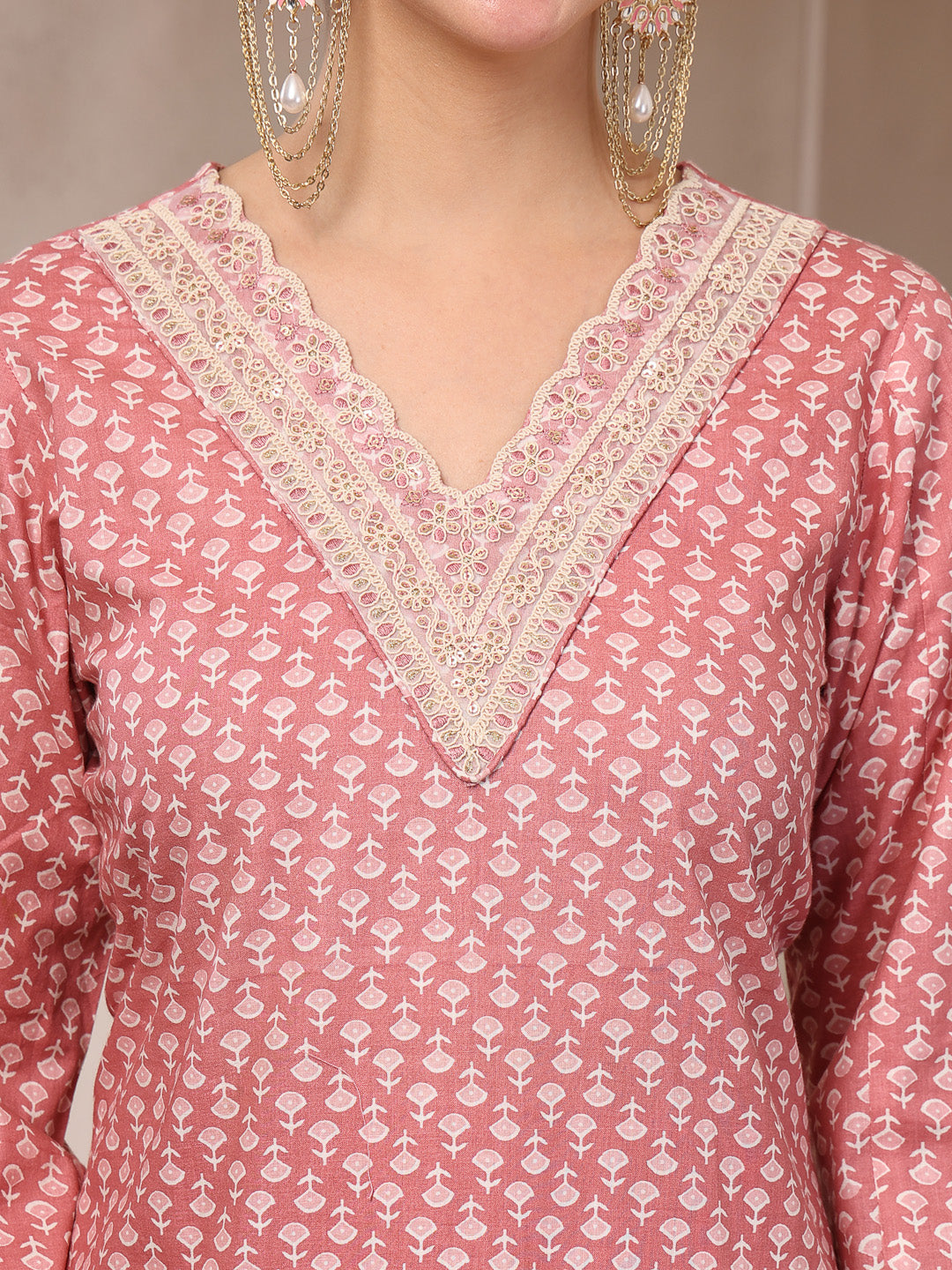 Ethnic Motif Printed Cotton Straight Kurta Palazzo Dupatta Set