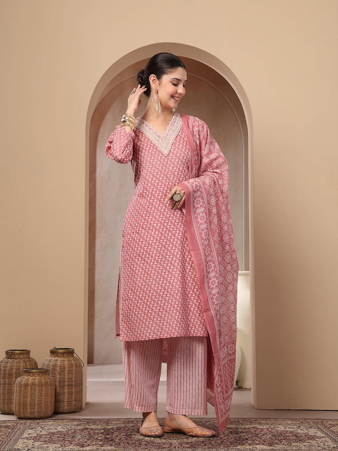 Ethnic Motif Printed Cotton Straight Kurta Palazzo Dupatta Set