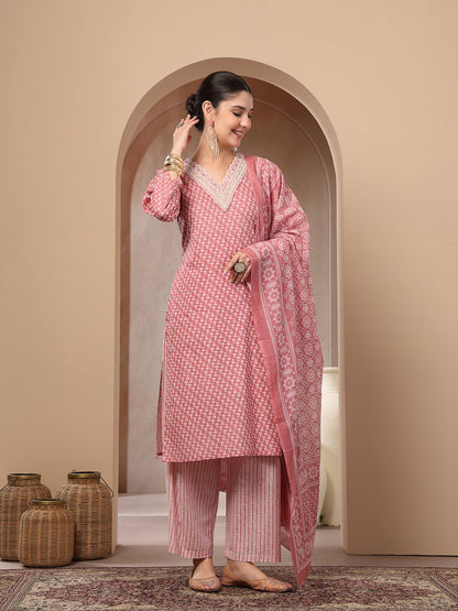 Ethnic Motif Printed Cotton Straight Kurta Palazzo Dupatta Set