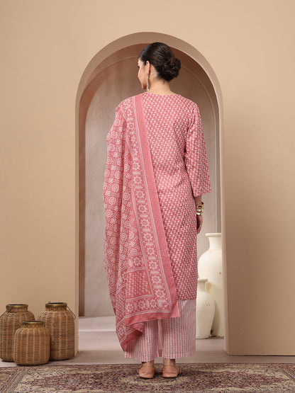 Ethnic Motif Printed Cotton Straight Kurta Palazzo Dupatta Set
