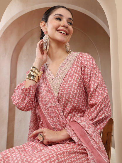 Ethnic Motif Printed Cotton Straight Kurta Palazzo Dupatta Set