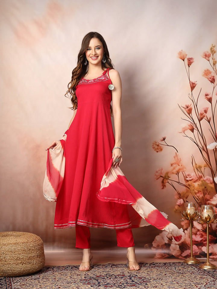 Pink Solid &amp; Embroidered Poly Crepe A-Line Kurta Pant Dupatta Set