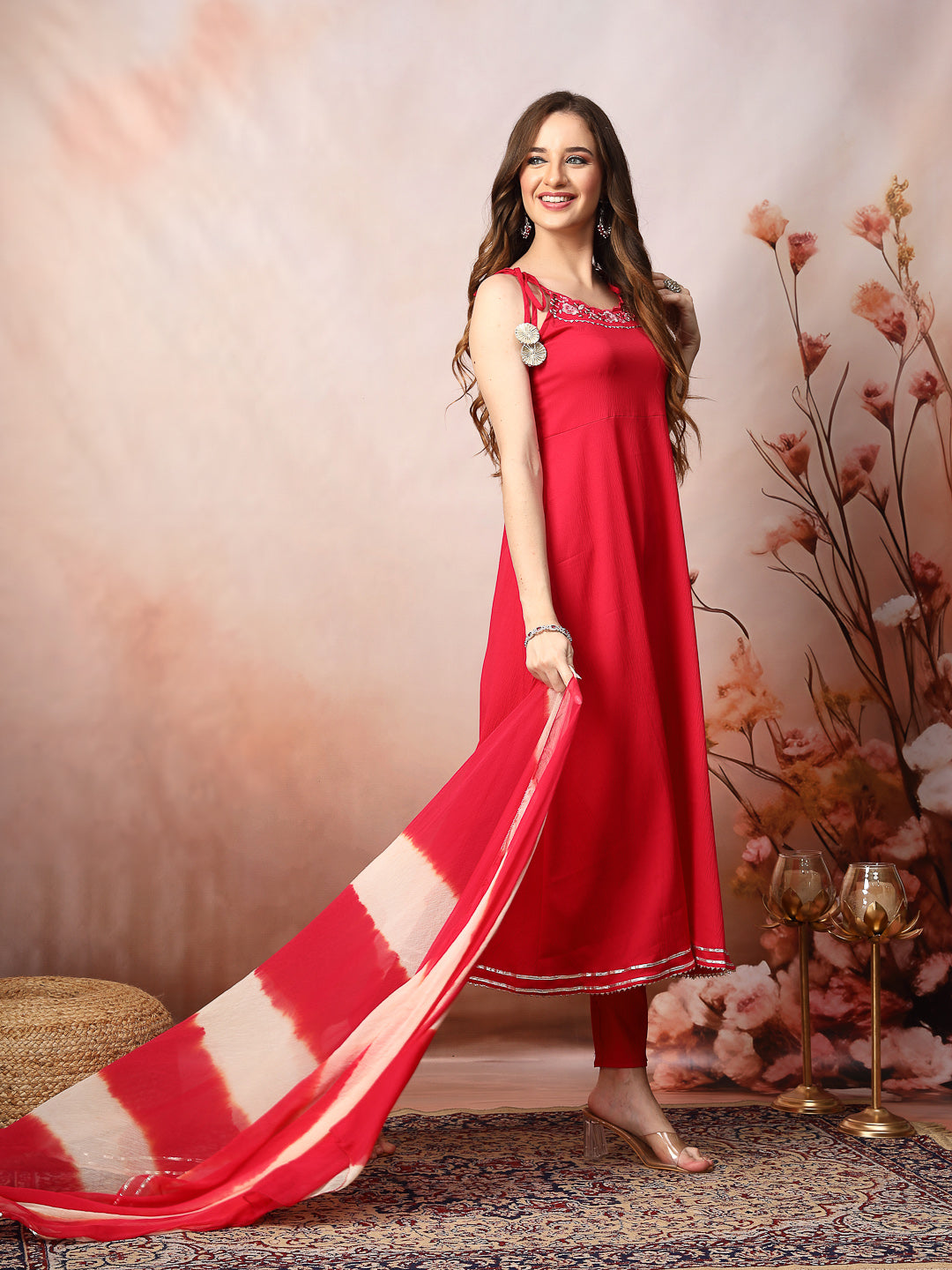 Pink Solid &amp; Embroidered Poly Crepe A-Line Kurta Pant Dupatta Set