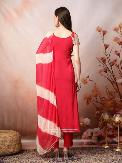 Pink Solid & Embroidered Poly Crepe A-Line Kurta Pant Dupatta Set (Pre-Order)