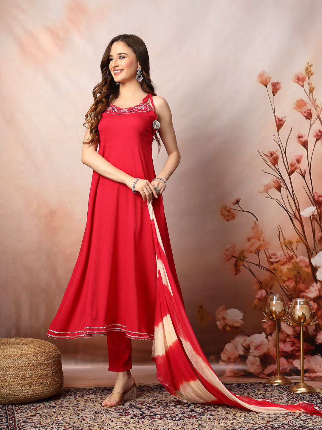 Pink Solid &amp; Embroidered Poly Crepe A-Line Kurta Pant Dupatta Set