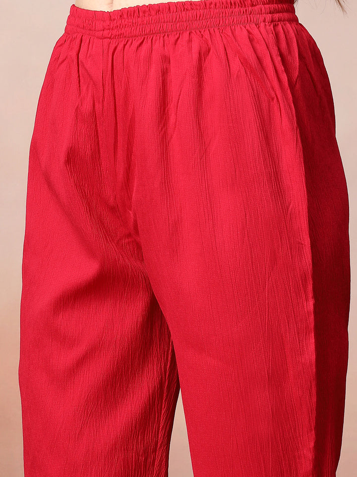 Pink Solid &amp; Embroidered Poly Crepe A-Line Kurta Pant Dupatta Set