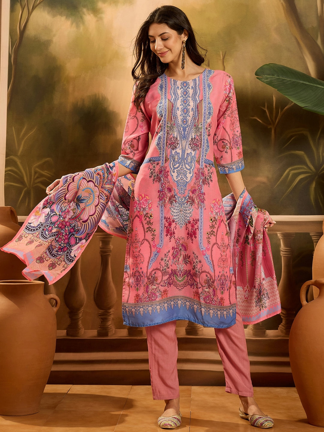 Pink Printed Muslin Straight Pakistani Kurta Pant Dupatta Set