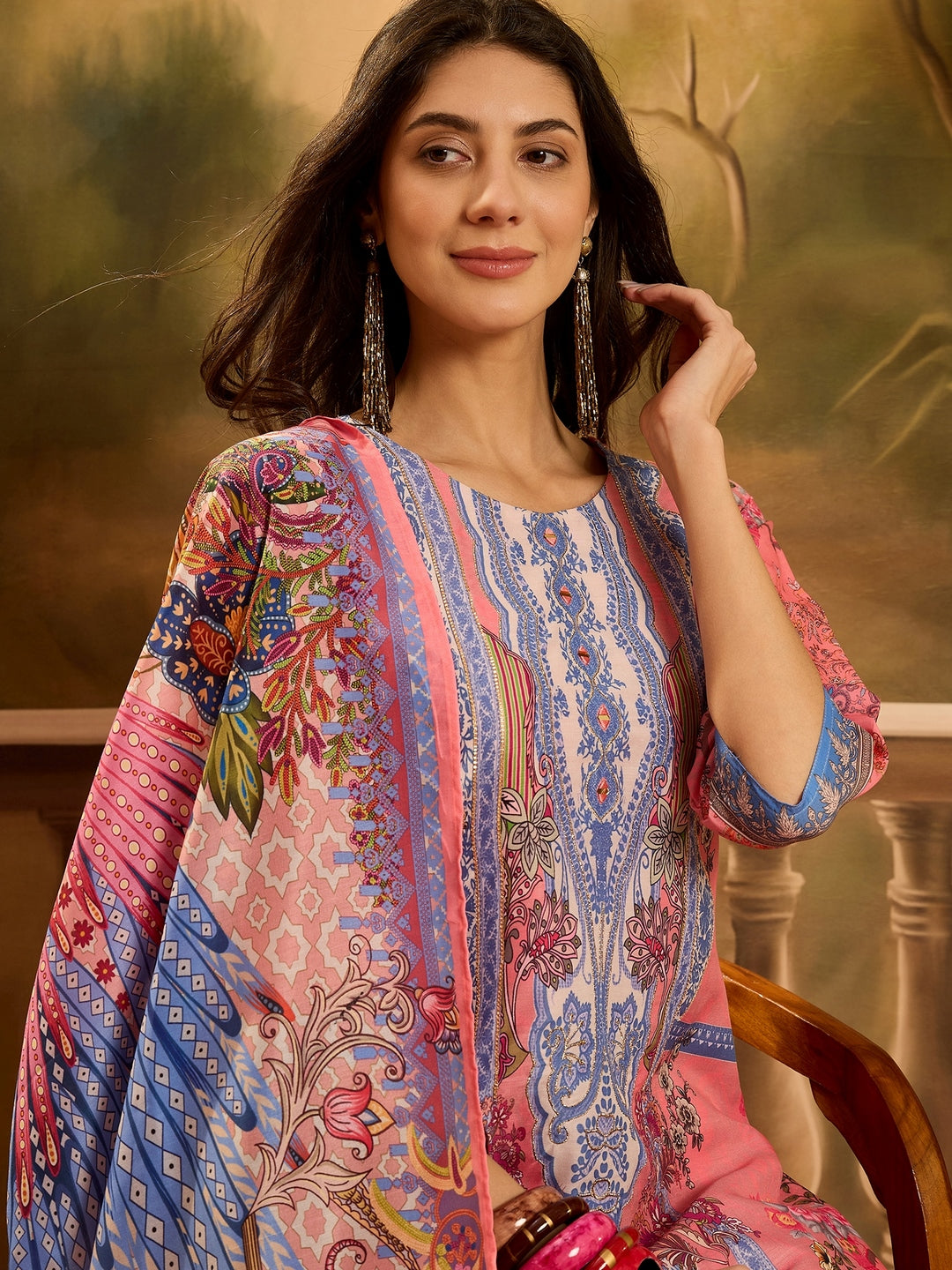 Pink Printed Muslin Straight Pakistani Kurta Pant Dupatta Set