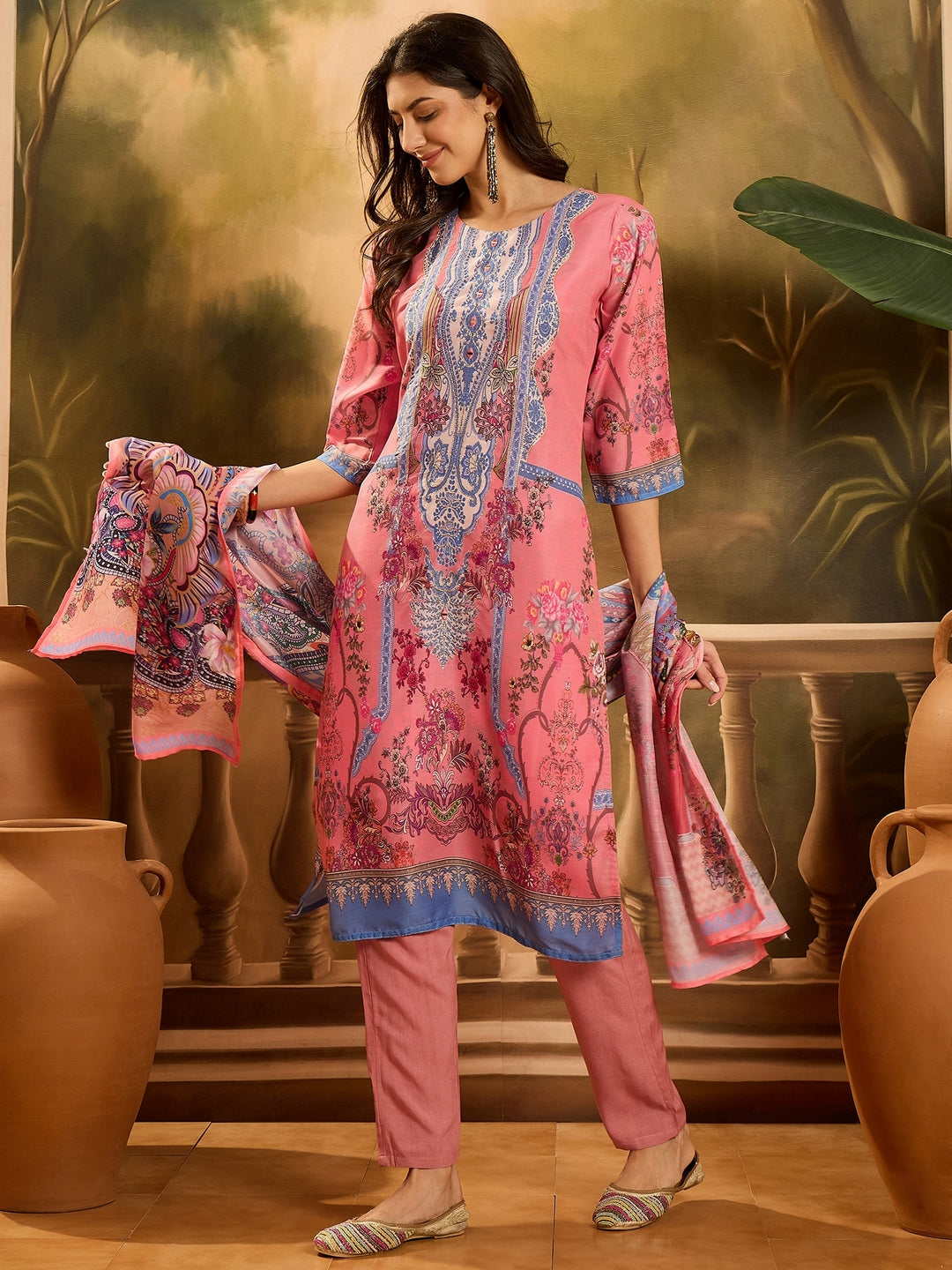 Pink Printed Muslin Straight Pakistani Kurta Pant Dupatta Set