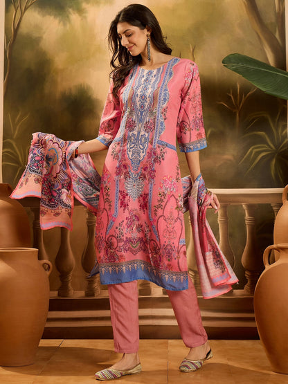 Pink Printed Muslin Straight Pakistani Kurta Pant Dupatta Set (Pre-Order)