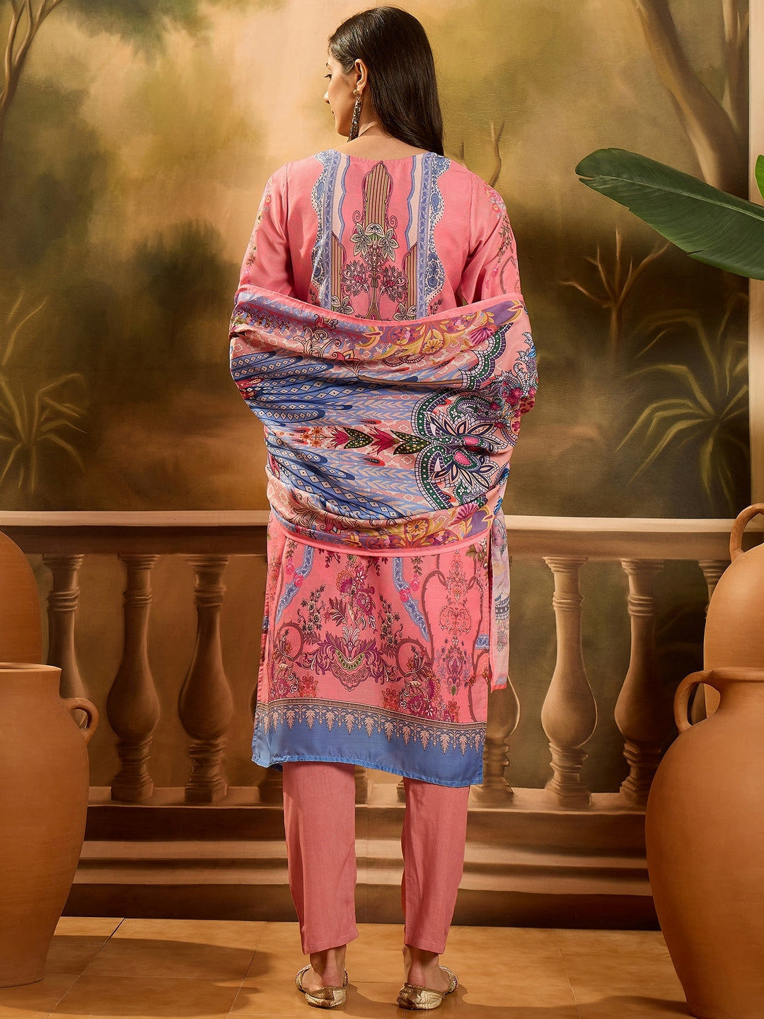 Pink Printed Muslin Straight Pakistani Kurta Pant Dupatta Set