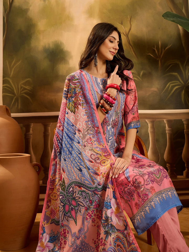 Pink Printed Muslin Straight Pakistani Kurta Pant Dupatta Set