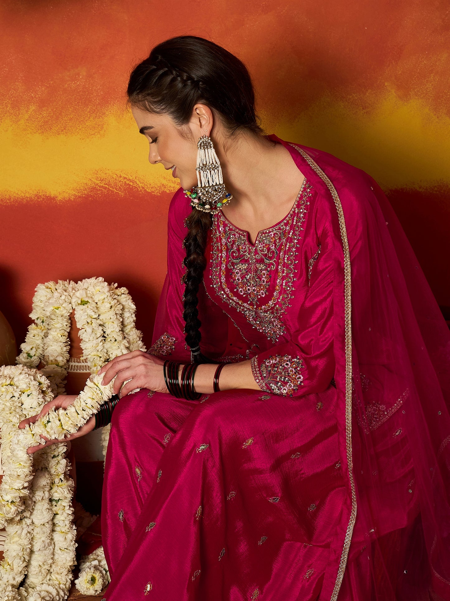 Solid & Embroidered Silk Blend Straight Kurti Palazzo With Dupatta Dupatta
