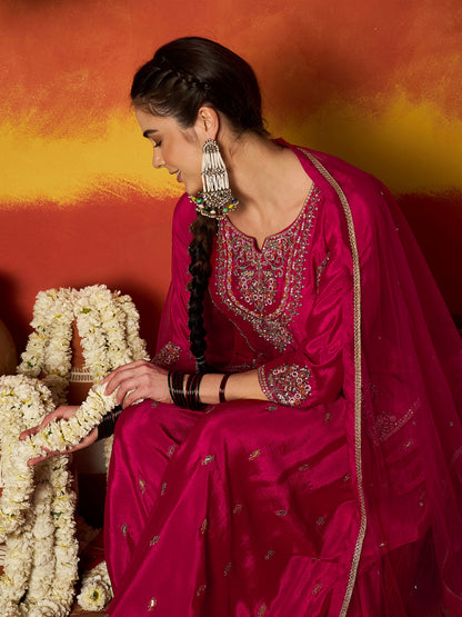 Solid & Embroidered Silk Blend Straight Kurti Palazzo With Dupatta Dupatta