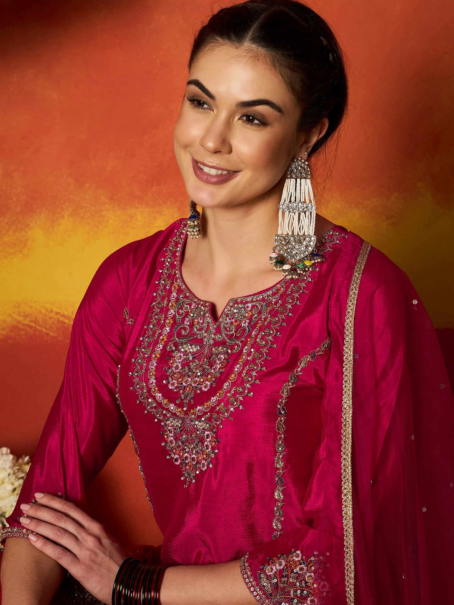 Solid & Embroidered Silk Blend Straight Kurti Palazzo With Dupatta Dupatta