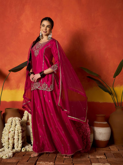 Solid & Embroidered Silk Blend Straight Kurti Palazzo With Dupatta Dupatta
