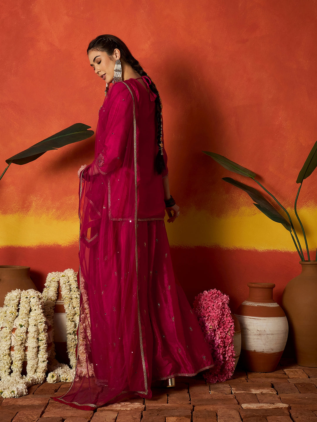 Solid &amp; Embroidered Silk Blend Straight Kurti Palazzo With Dupatta Dupatta