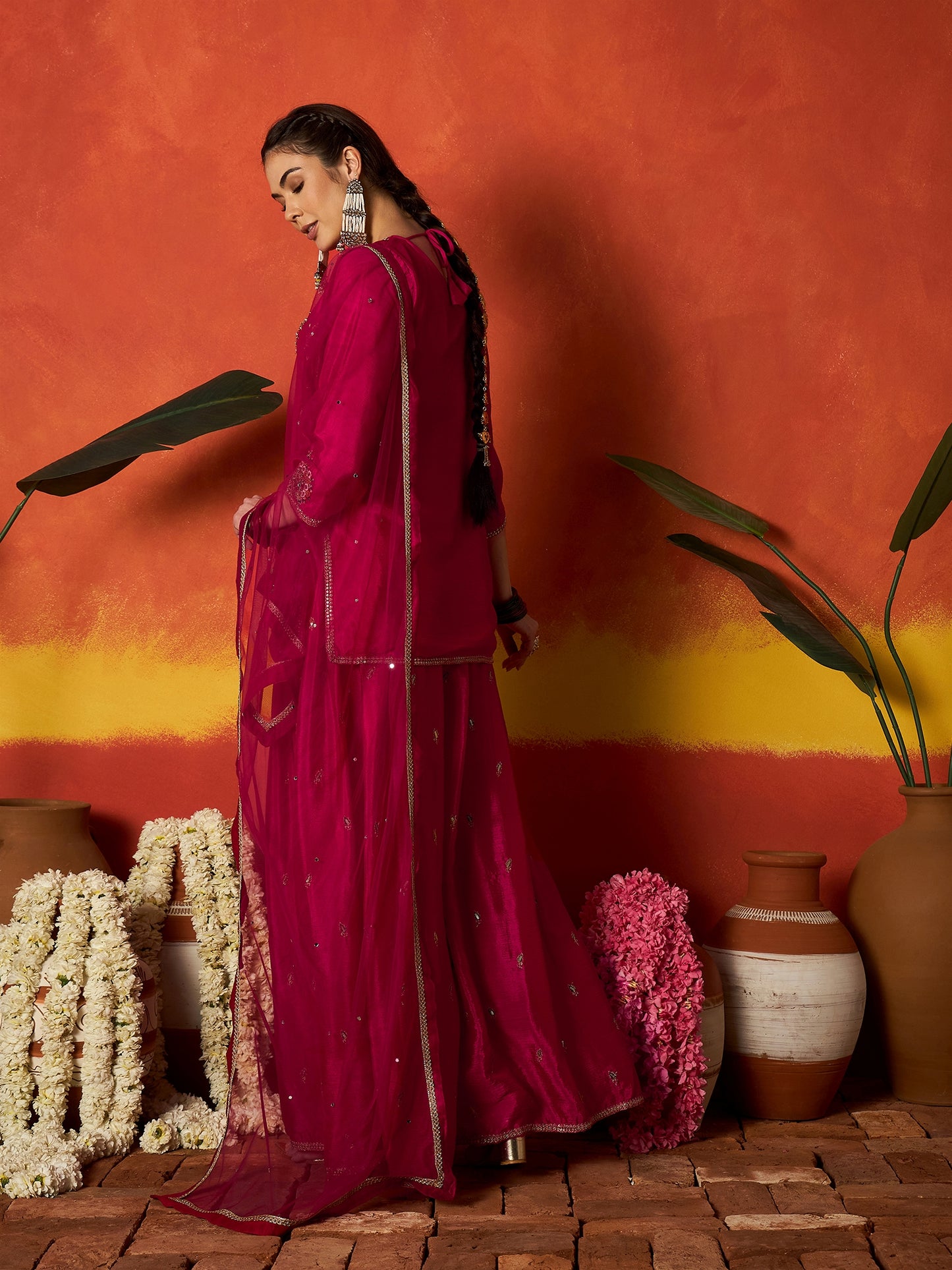 Solid & Embroidered Silk Blend Straight Kurti Palazzo With Dupatta Dupatta