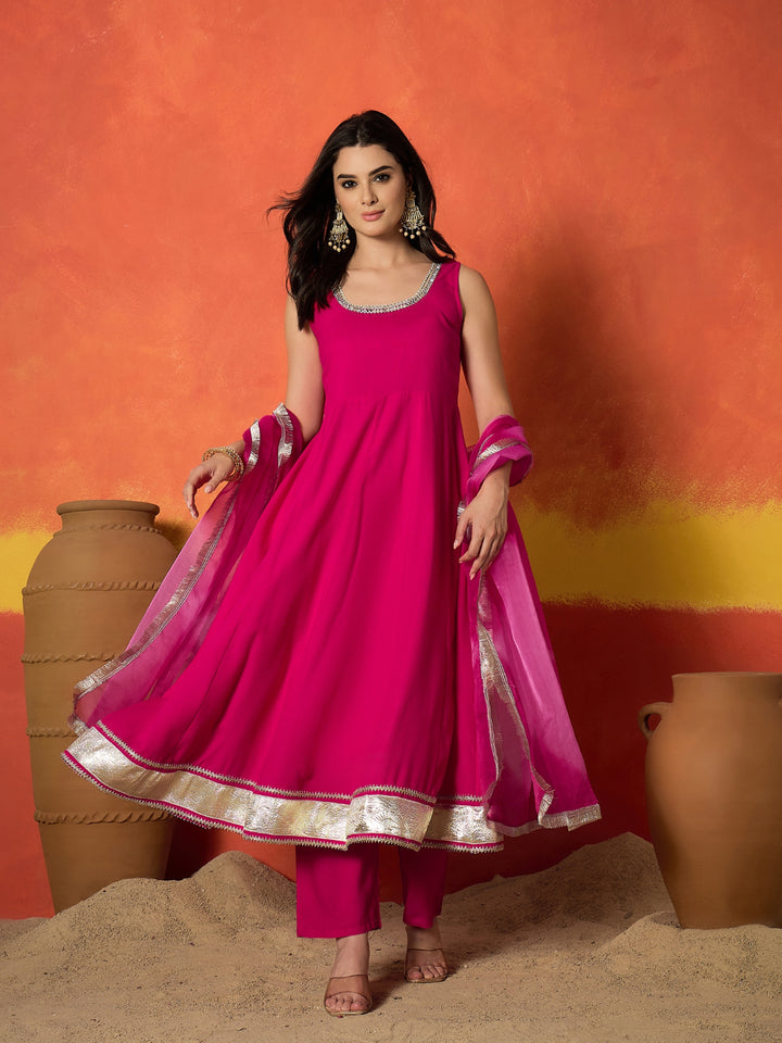 Solid Rayon Anarkali Kurta Pant Dupatta Set