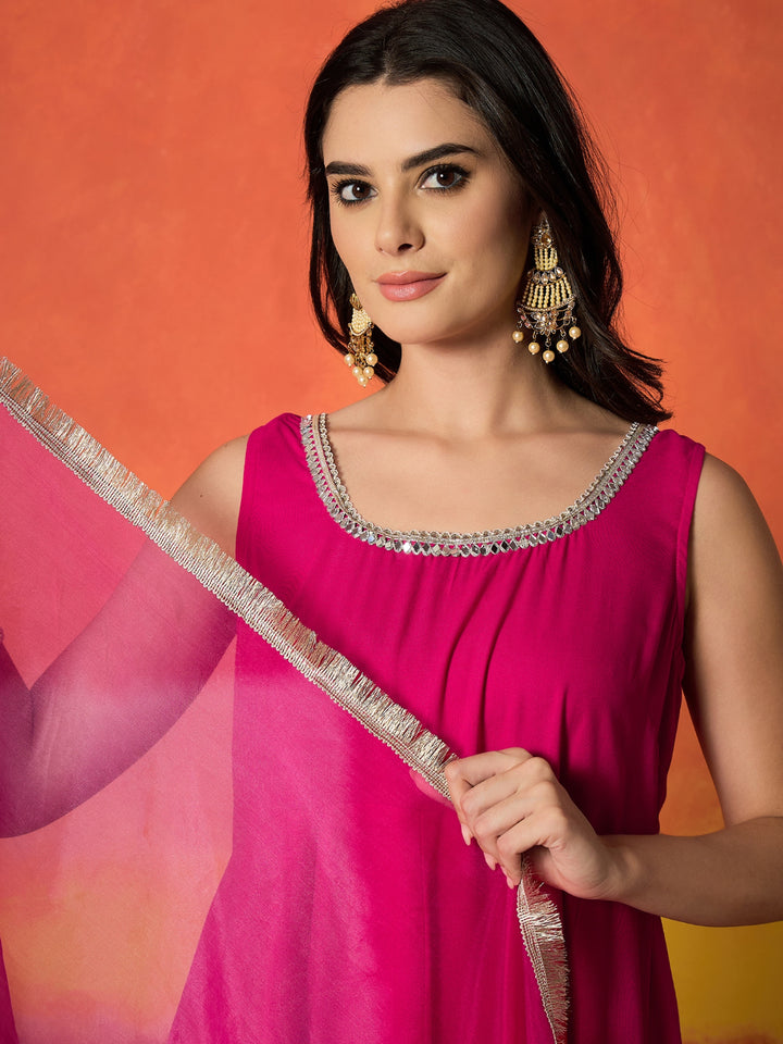 Solid Rayon Anarkali Kurta Pant Dupatta Set