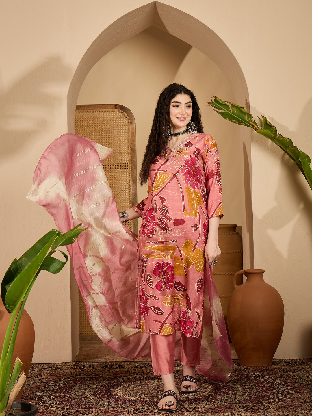 Floral Printed Roman Silk Straight Kurta Pant Dupatta Set