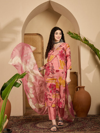 Floral Printed Roman Silk Straight Kurta Pant Dupatta Set