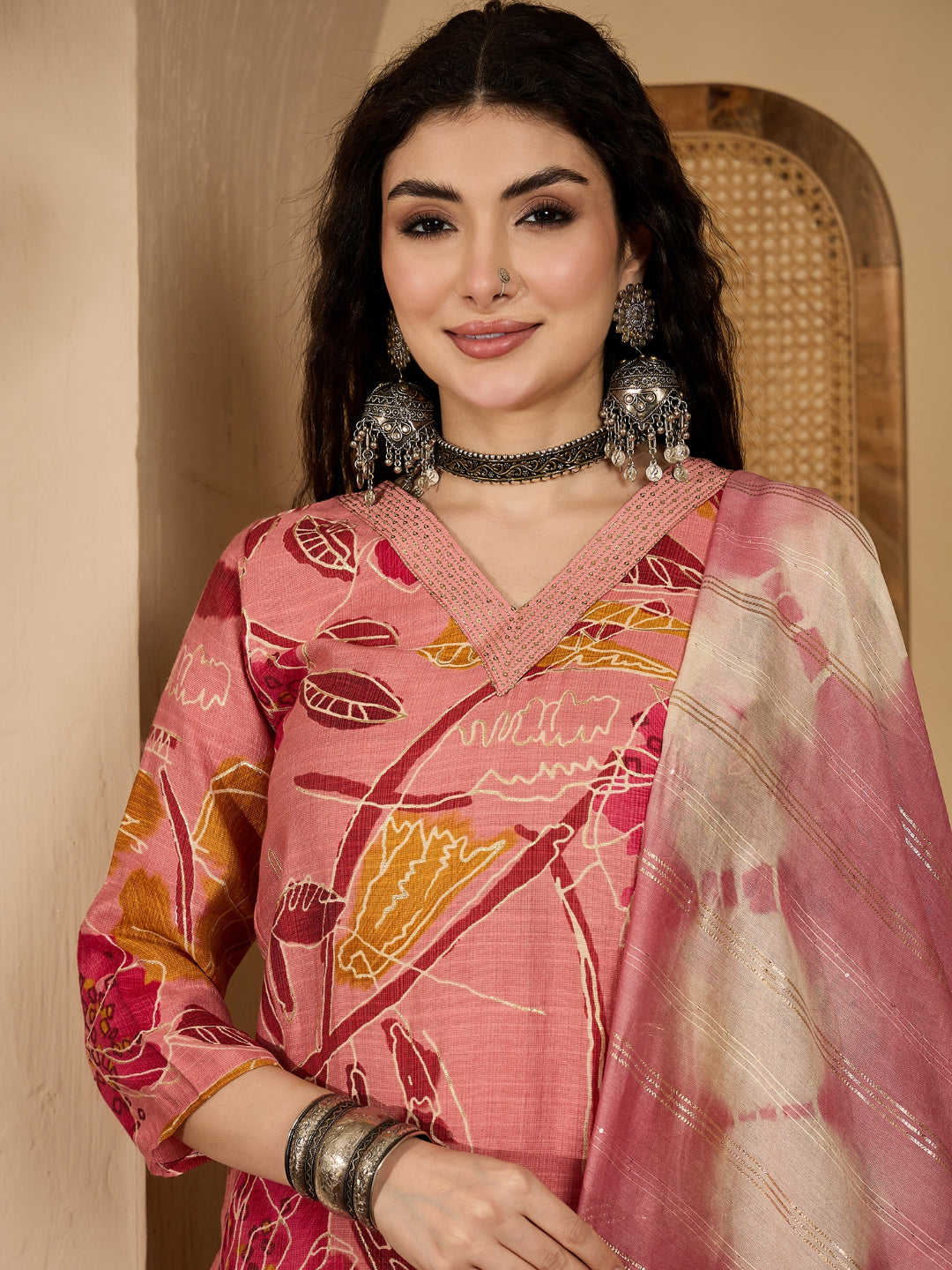 Floral Printed Roman Silk Straight Kurta Pant Dupatta Set