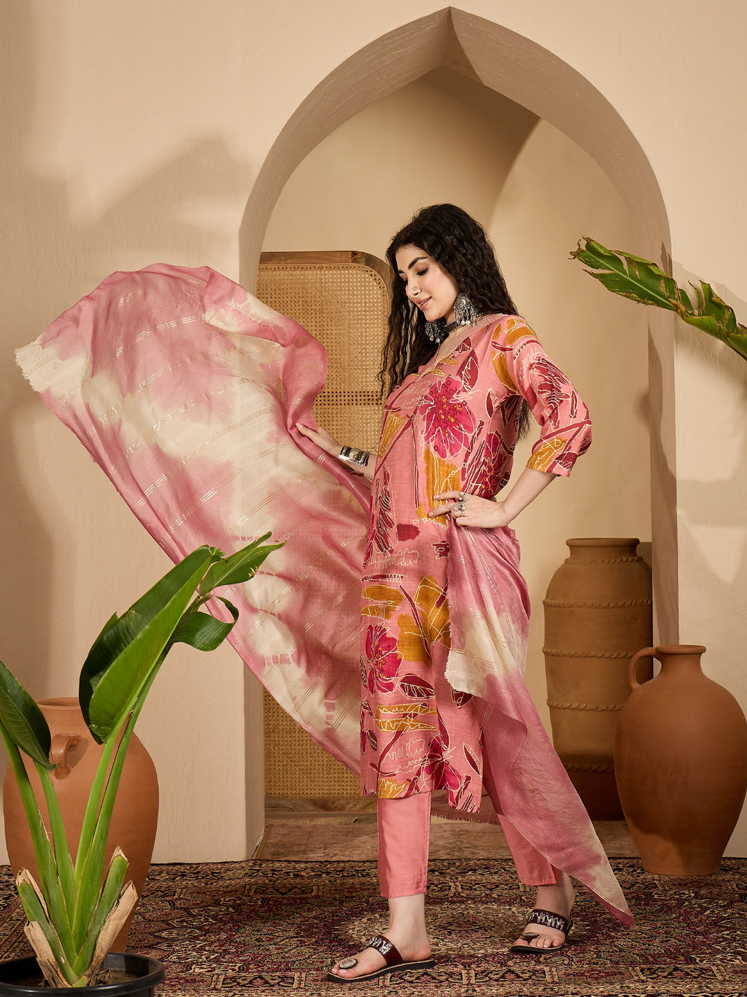 Floral Printed Roman Silk Straight Kurta Pant Dupatta Set