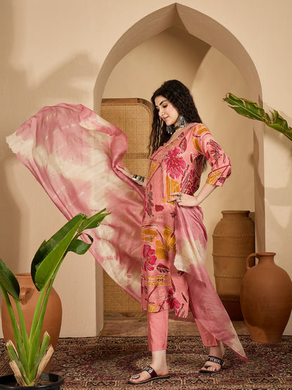 Floral Printed Roman Silk Straight Kurta Pant Dupatta Set