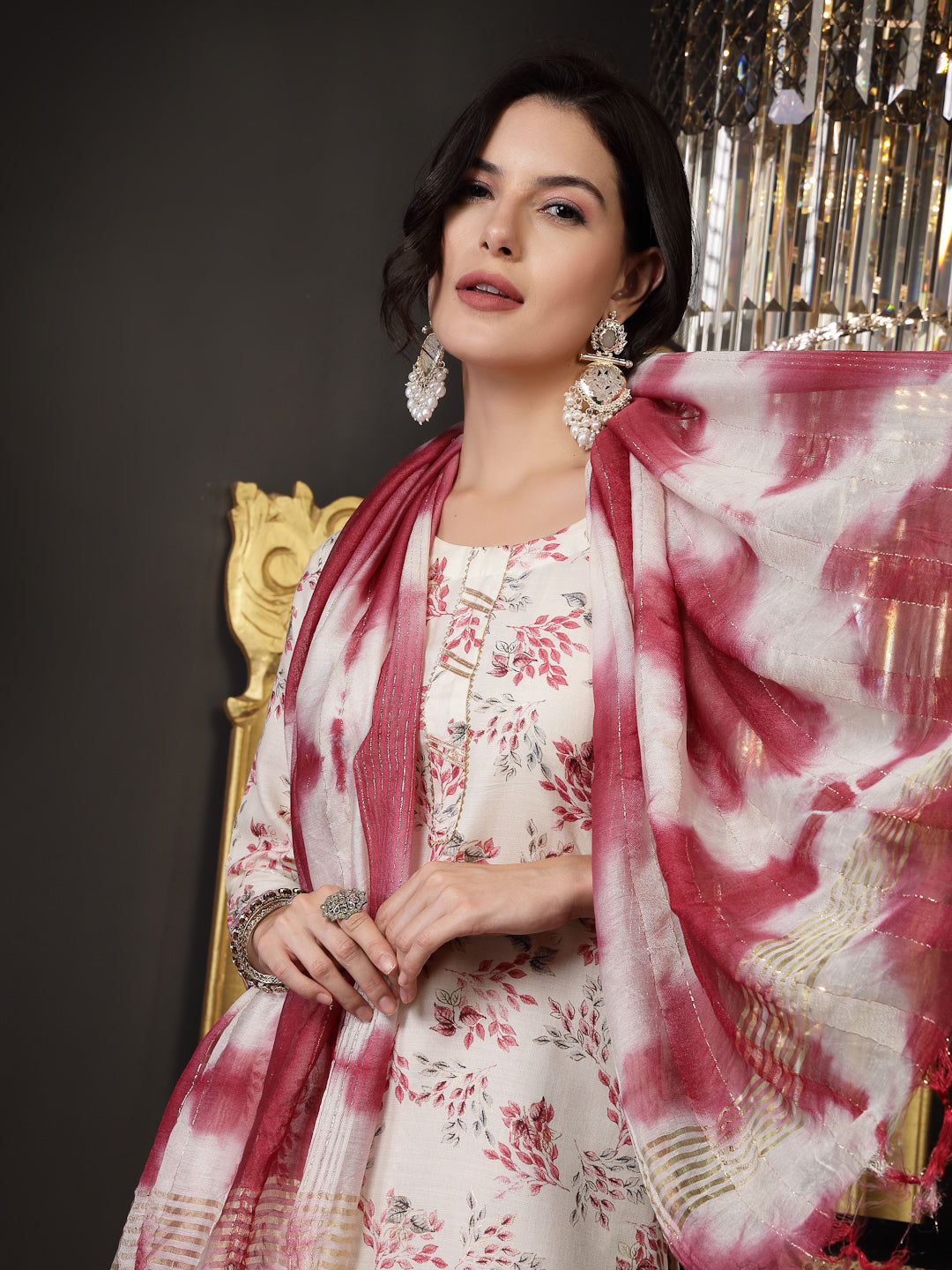 Pink Tropical Printed Cotton Blend Straight Kurta Pant Dupatta Set (Pre-Order)