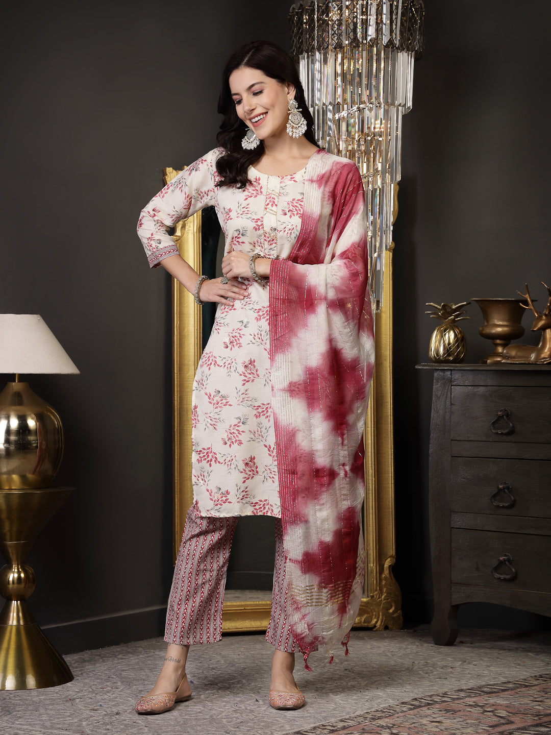 Pink Tropical Printed Cotton Blend Straight Kurta Pant Dupatta Set (Pre-Order)