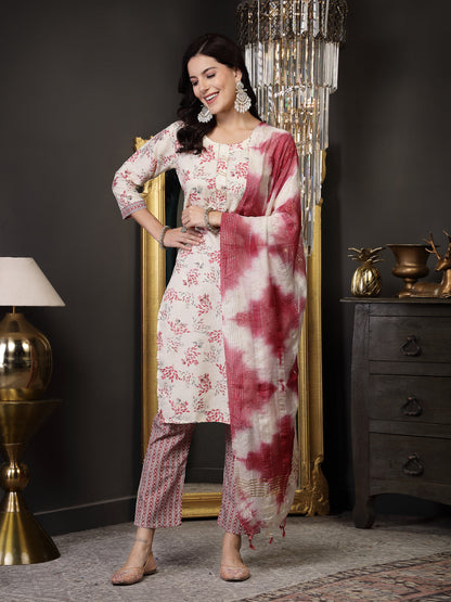 Pink Tropical Printed Cotton Blend Straight Kurta Pant Dupatta Set (Pre-Order)