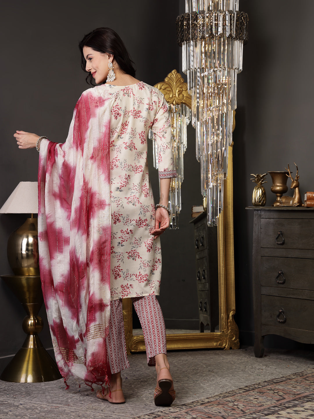 Pink Tropical Printed Cotton Blend Straight Kurta Pant Dupatta Set (Pre-Order)