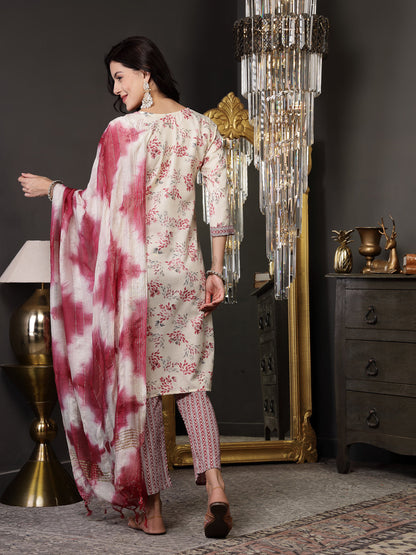 Pink Tropical Printed Cotton Blend Straight Kurta Pant Dupatta Set (Pre-Order)