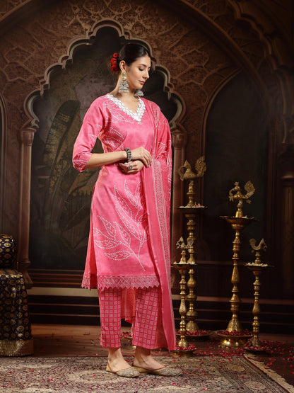 Pink Bandhani Printed Cotton Blend Straight Kurta Pant Dupatta Set (Pre-Order)