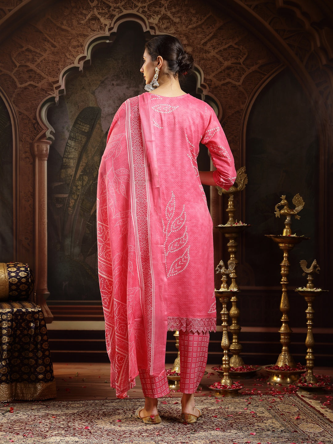 Pink Bandhani Printed Cotton Blend Straight Kurta Pant Dupatta Set (Pre-Order)