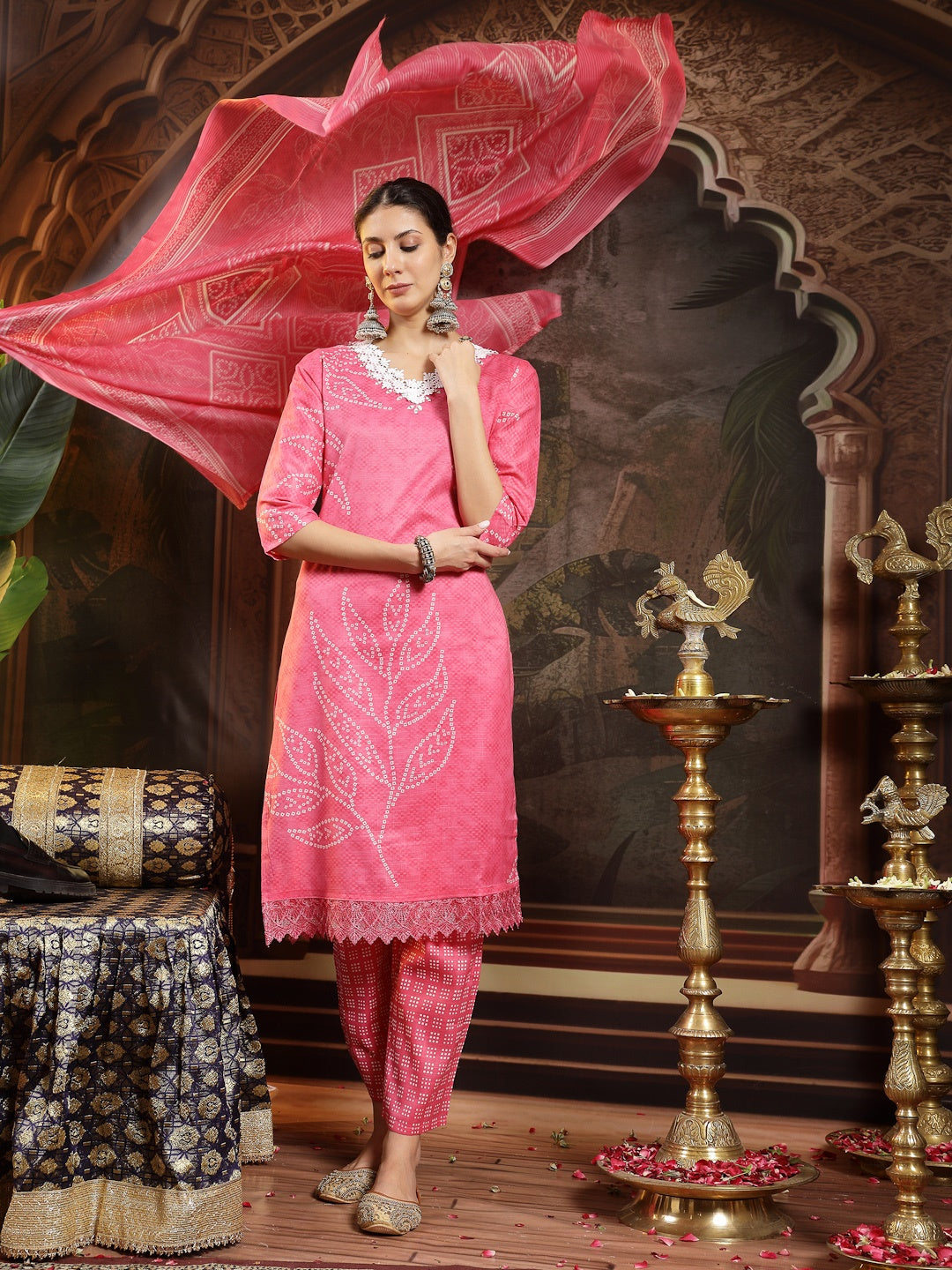 Pink Bandhani Printed Cotton Blend Straight Kurta Pant Dupatta Set (Pre-Order)