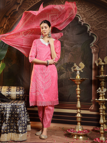 Pink Bandhani Printed Cotton Blend Straight Kurta Pant Dupatta Set