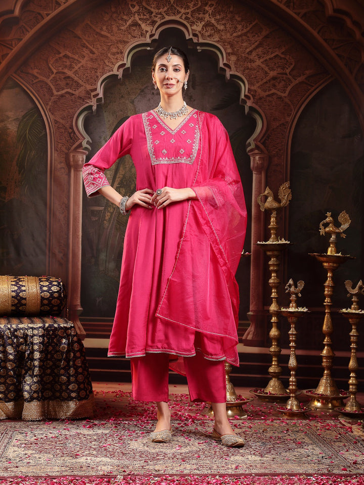 Pink Solid &amp; Embroidered Shantoon Flared Kurta Pant Dupatta Set