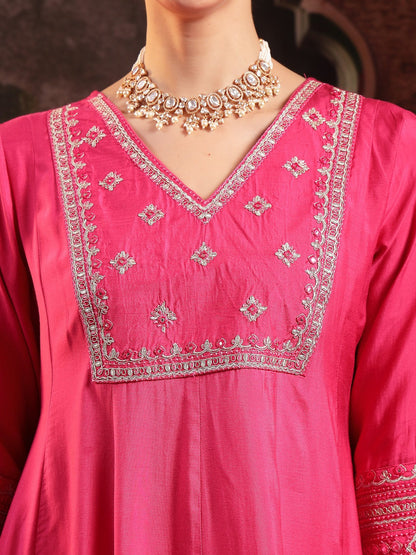 Pink Solid & Embroidered Shantoon Flared Kurta Pant Dupatta Set
