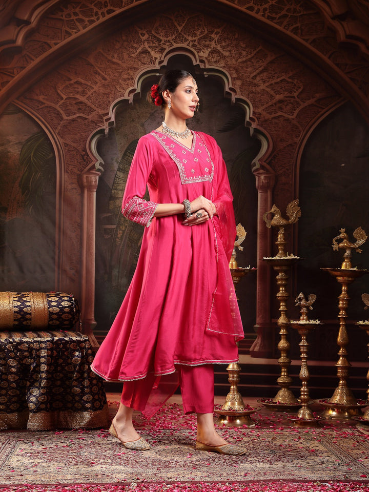 Pink Solid &amp; Embroidered Shantoon Flared Kurta Pant Dupatta Set