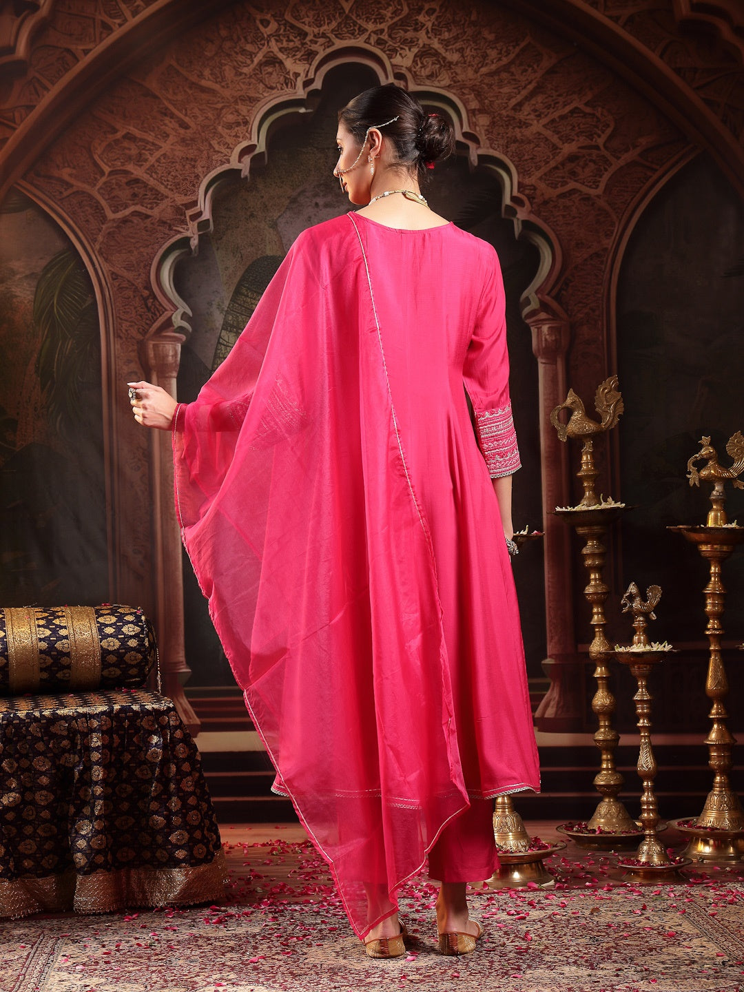 Pink Solid &amp; Embroidered Shantoon Flared Kurta Pant Dupatta Set