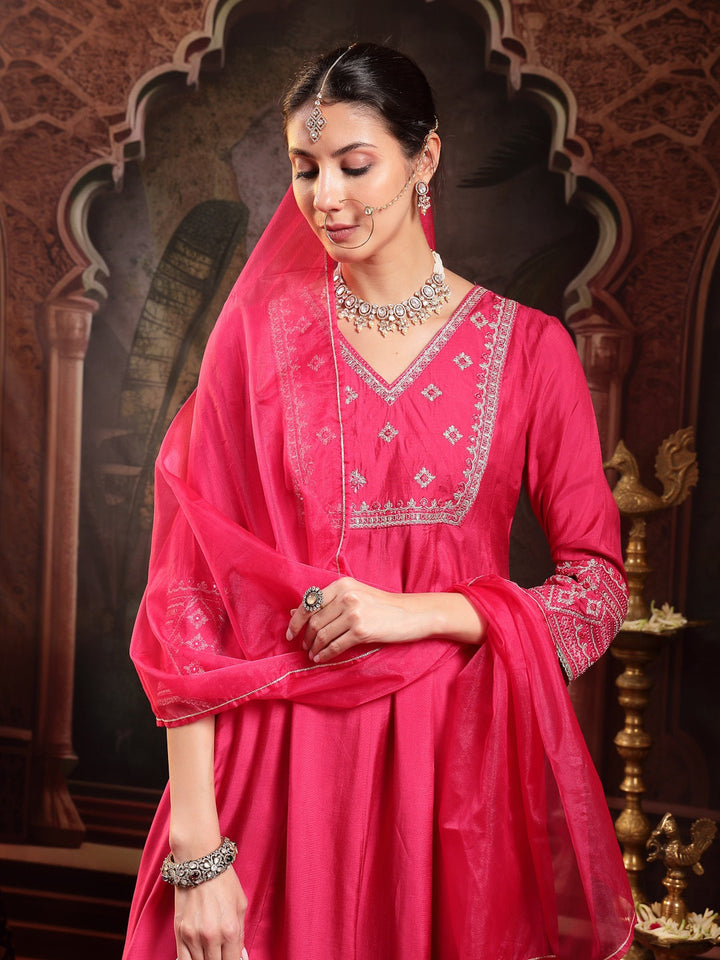 Pink Solid &amp; Embroidered Shantoon Flared Kurta Pant Dupatta Set