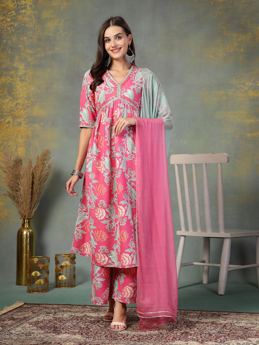 Pink Floral Printed & Embroidered Rayon Alia Cut Kurta Pant Dupatta Set