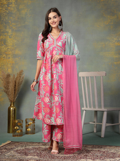 Pink Floral Printed & Embroidered Rayon Alia Cut Kurta Pant Dupatta Set