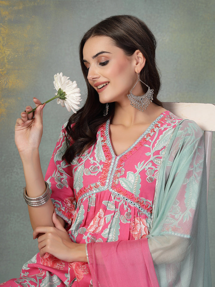 Pink Floral Printed &amp; Embroidered Rayon Alia Cut Kurta Pant Dupatta Set