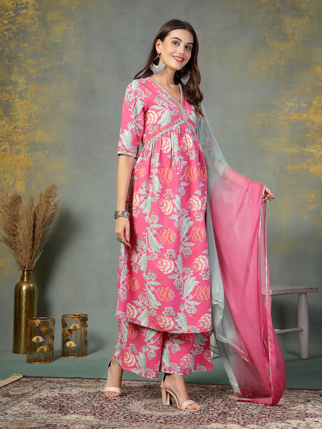 Pink Floral Printed &amp; Embroidered Rayon Alia Cut Kurta Pant Dupatta Set
