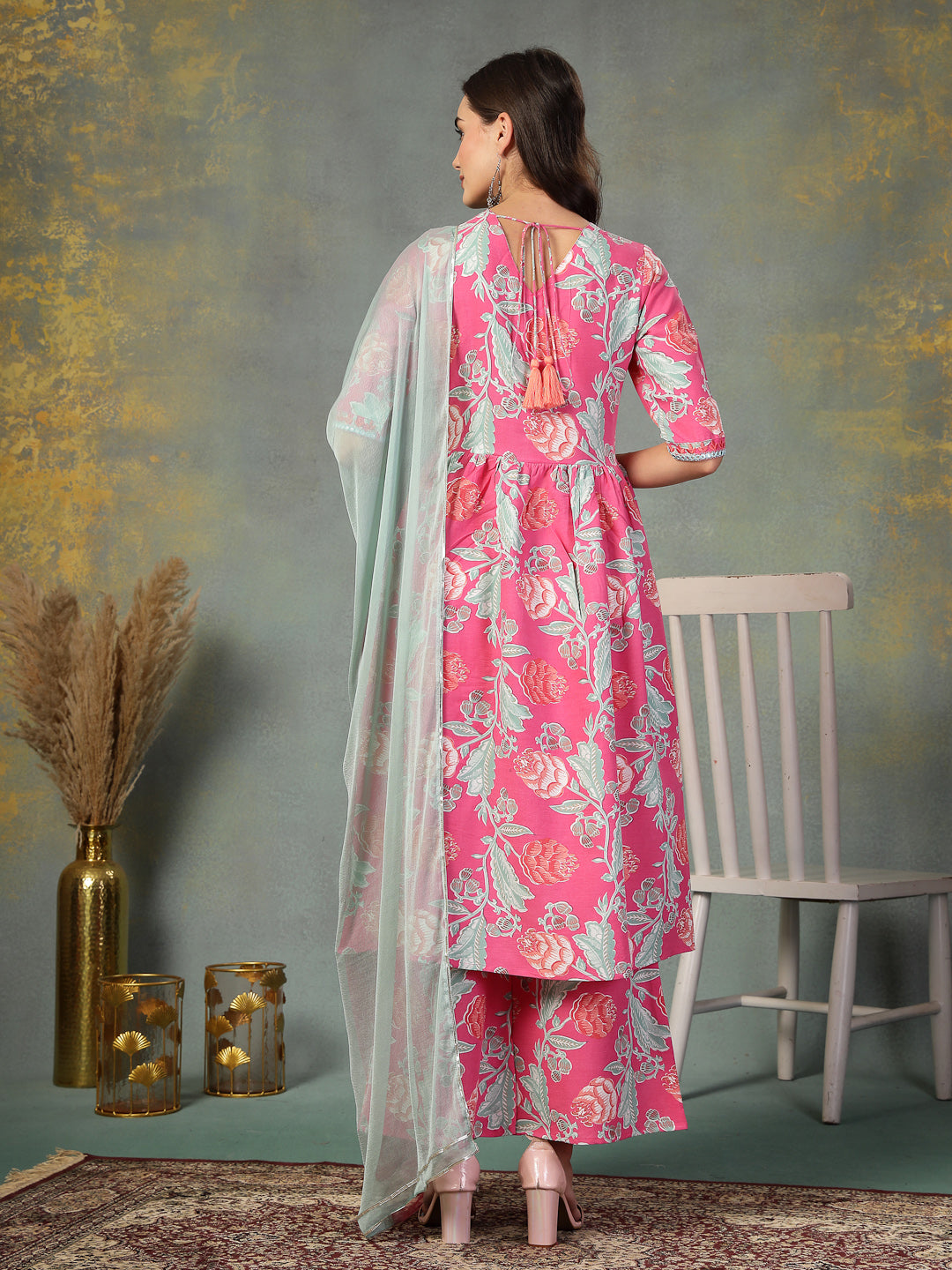 Pink Floral Printed & Embroidered Rayon Alia Cut Kurta Pant Dupatta Set