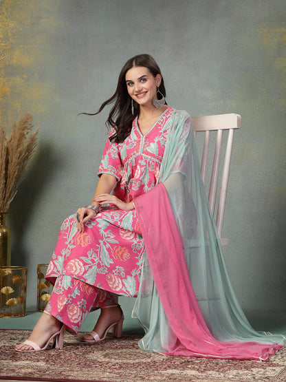 Pink Floral Printed & Embroidered Rayon Alia Cut Kurta Pant Dupatta Set
