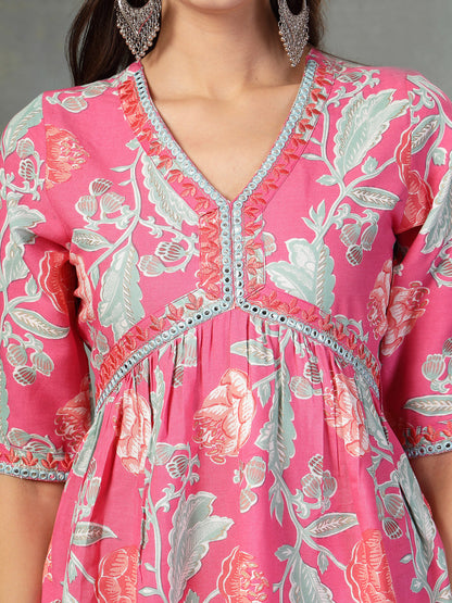 Pink Floral Printed & Embroidered Rayon Alia Cut Kurta Pant Dupatta Set (Pre-Order)